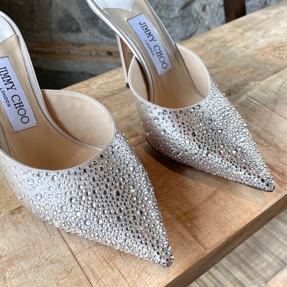 Jimmy Choo Crystal Embellished Satin Rav 100 Heeled Mules - Picture 4 of 10